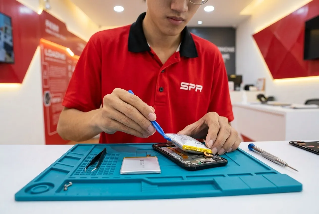 Technician removing the battery from an opened Android phone