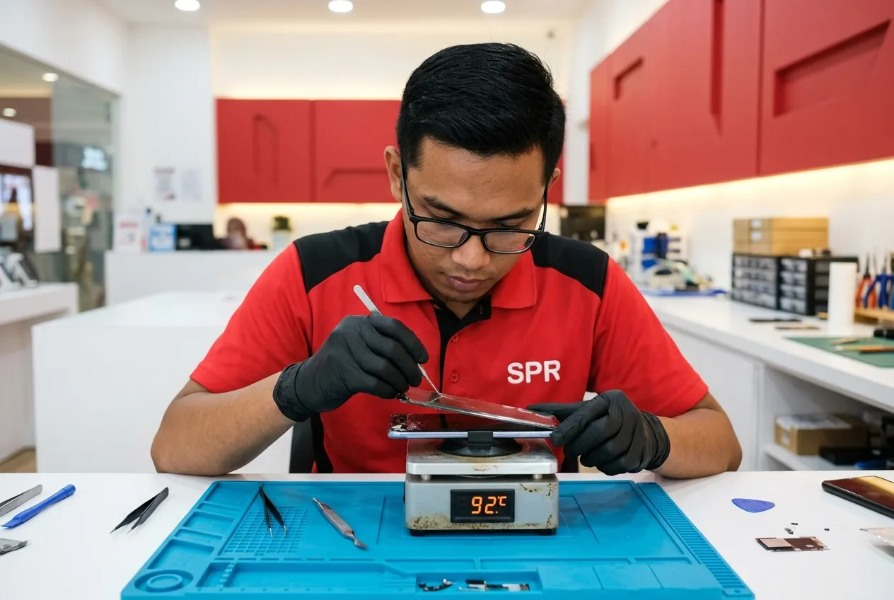 Technician separating a curved Android phone screen on a heated separator