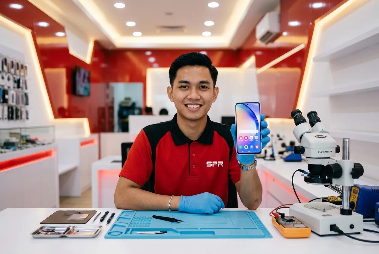 Technician holding a Samsung phone after the screen replacement