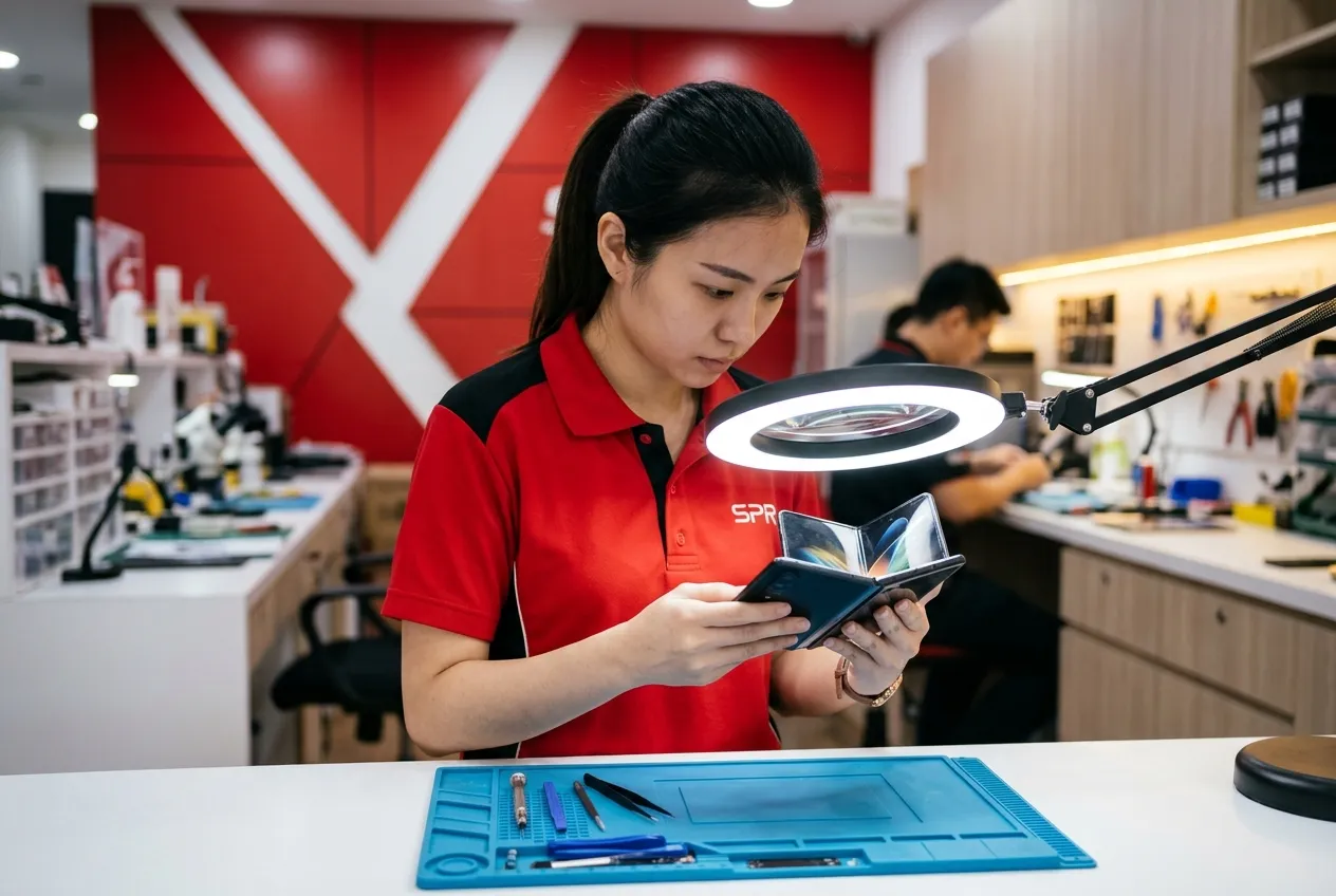 Technician inspecting the inner screen of a foldable phone