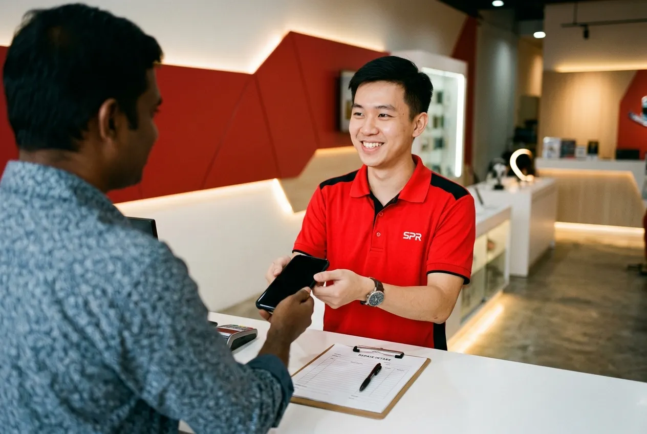 Customer handing an Android phone to SPR staff at the counter