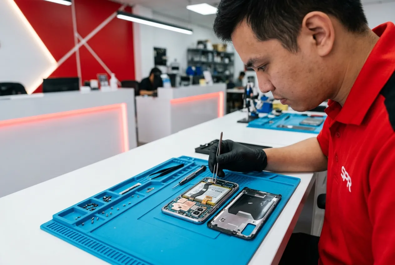 Android phone opened on the repair mat with board and battery visible