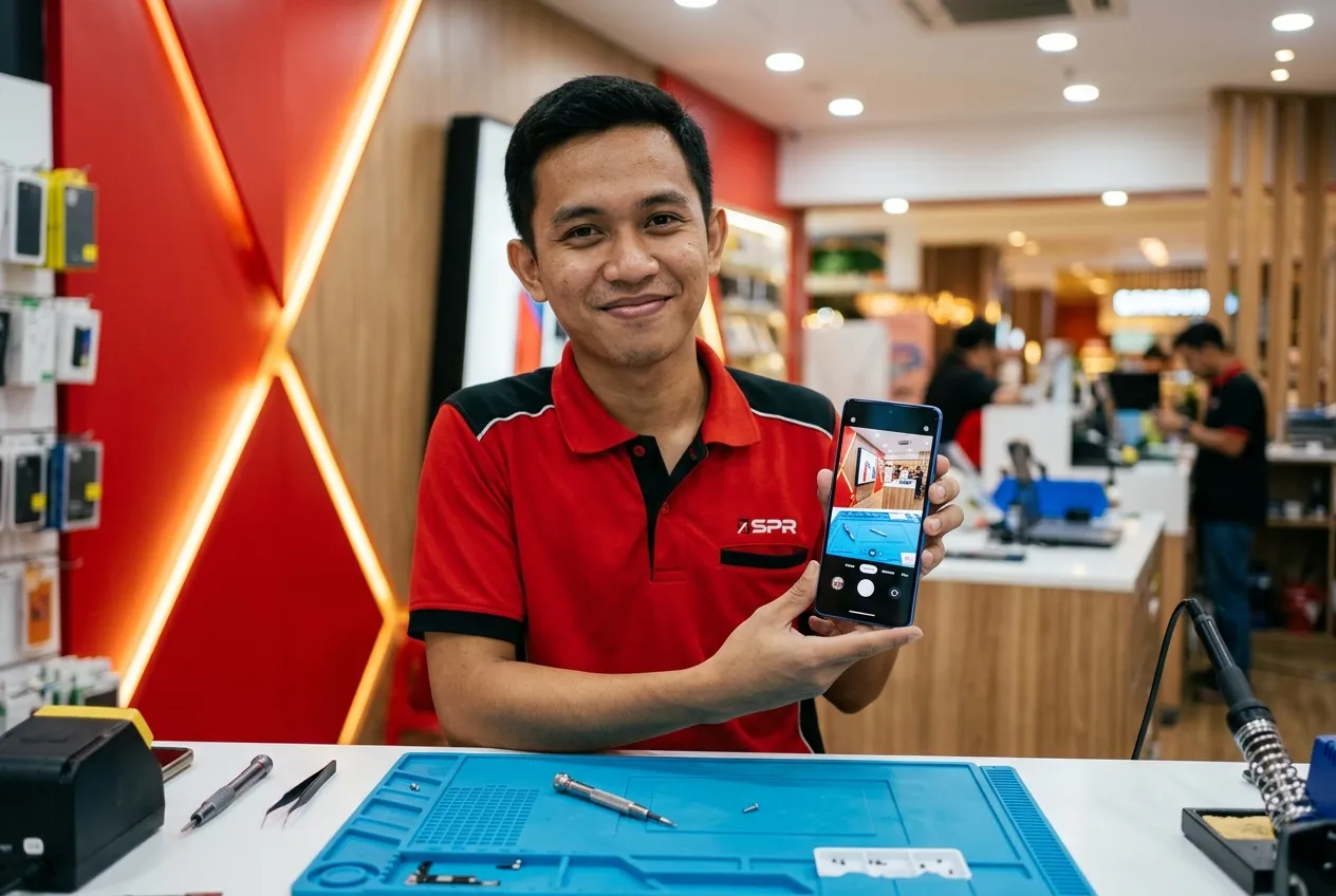 Technician testing an Android phone after the repair