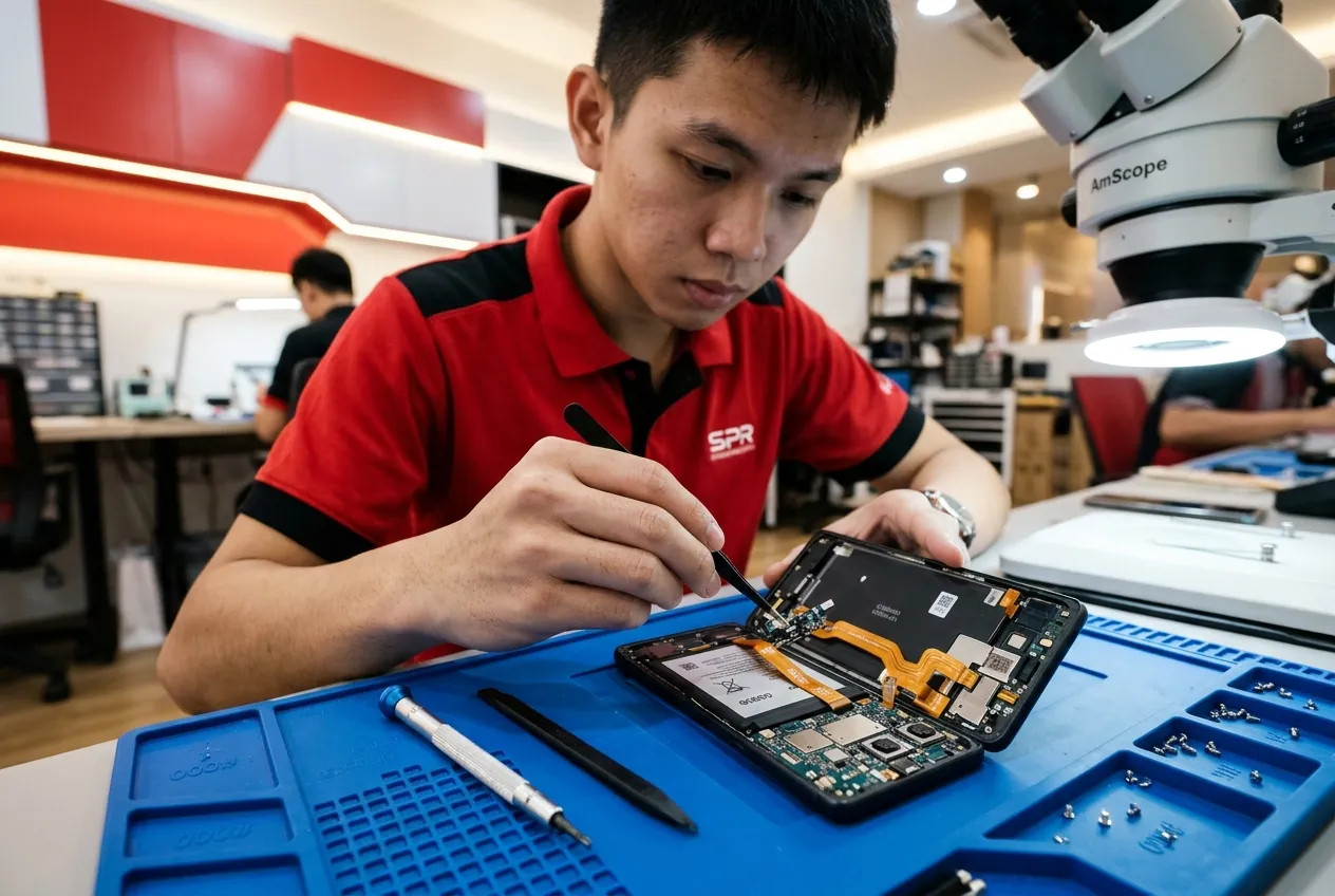 Technician replacing the USB-C charging port board of an Android phone